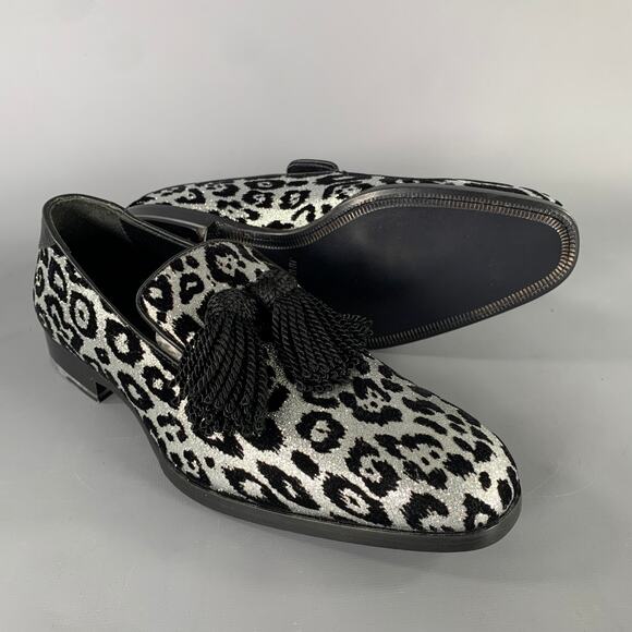 JIMMY CHOO Size 7 Silver Black Medusa Jacquard Tassels Loafers main image 7
